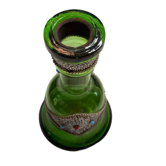 Vintage Moroccan Green Glass with Silver Tone Metal & Gemstone Accents - Picture 3 of 5